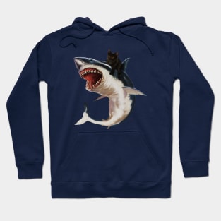 Funny Black Cat Riding a Shark, Cat Lover Hoodie